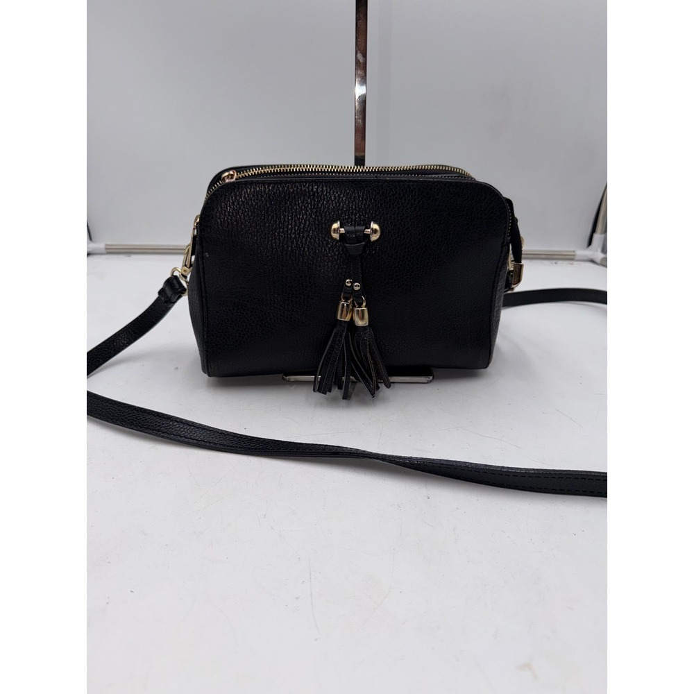 Gianni Conti Black Pebbled Leather Triple Zip Crossbody Bag Tassel Gold Hardware